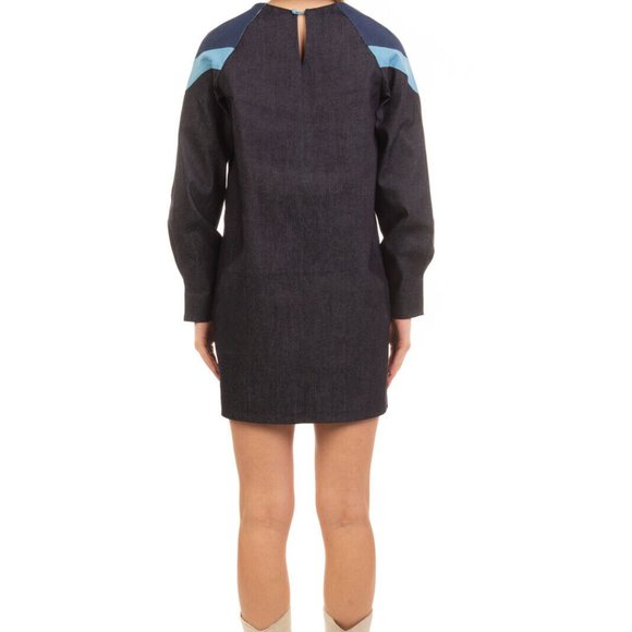 RIYKA Leonie Denim Mini Dress S Geometric Panels Long Sleeve Round Neck Cowgirl - Picture 4 of 7